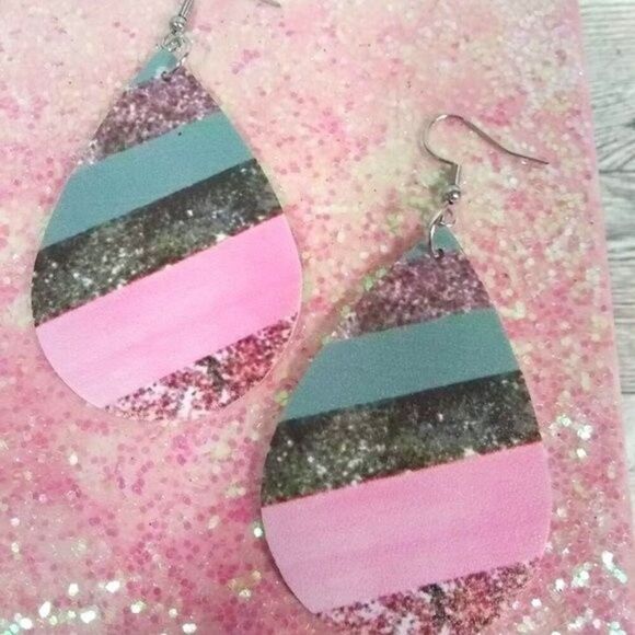 Pink & Gray  Sparkle Stripes Teardrop Earrings - Picture 5 of 6
